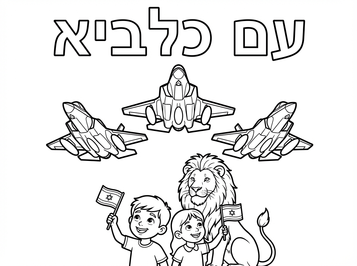 מטוסי חיל האוויר F35 טסים במבנה מרשים בשמיים (רואים אותם מלמטה למעלה ורואים את הבידונים של הדלק מלמטה בגחון), ילדים ישראלים מביטים למעלה עם דגלי ישראל ותחושת ביטחון, אווירה של עוצמה, תקווה וניצחון, ברקע אריה בוגר מרשים והכיתוב "עם כלביא"