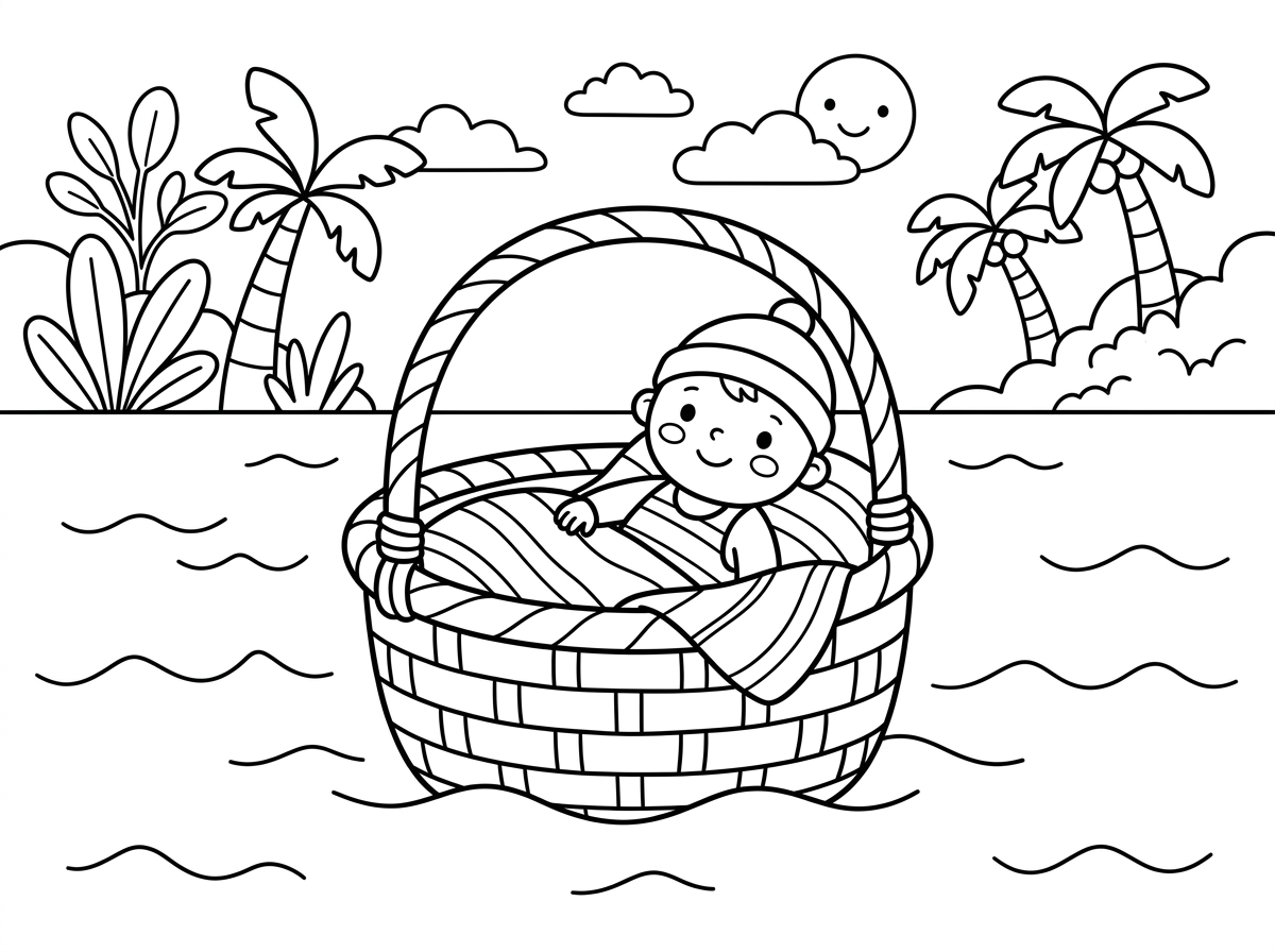 ציור של ים, ובאמצע יש תינוק מתוק בתוך תיבה
ברקע יש צמחים