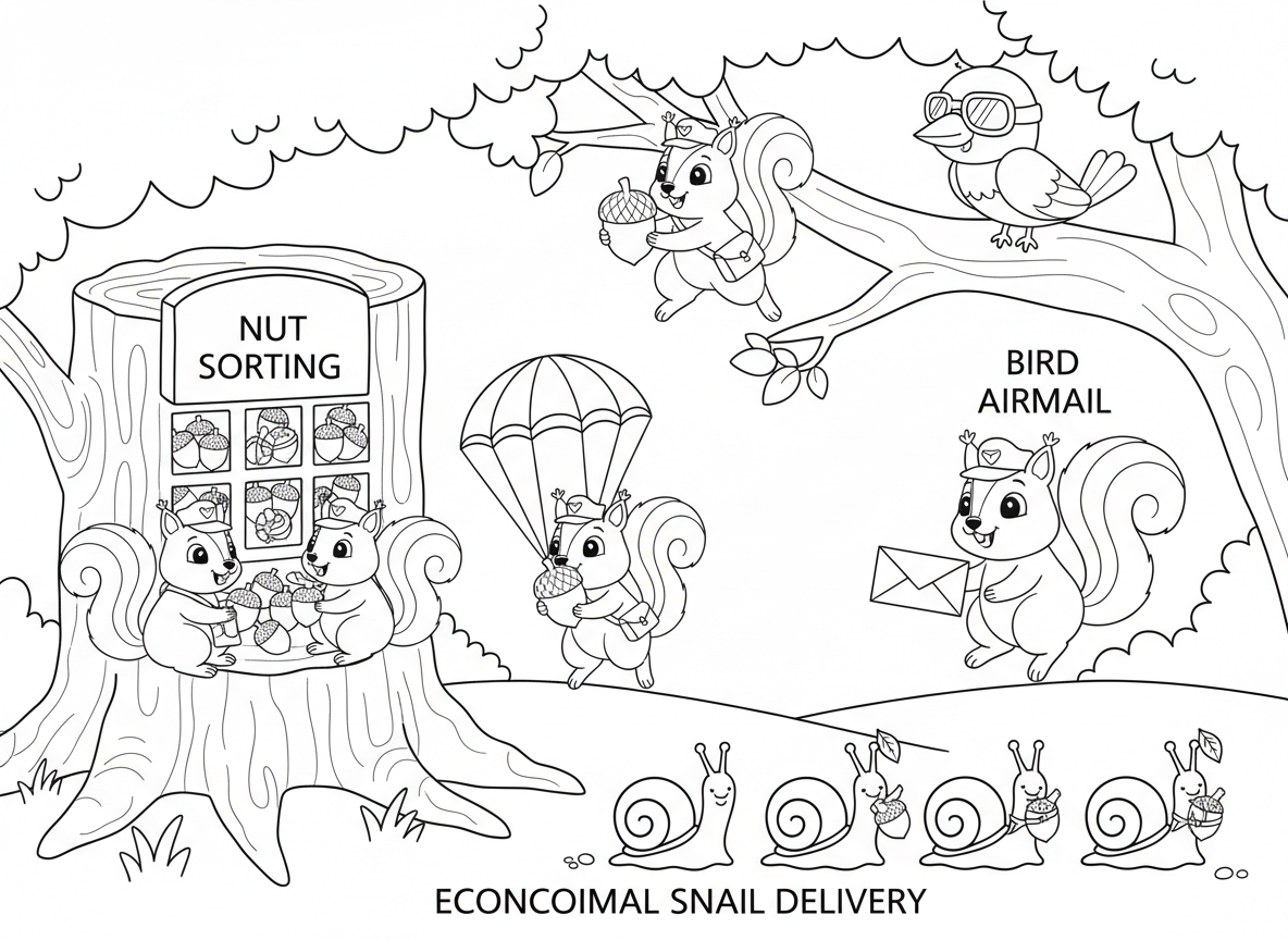 שירות דואר של סנאים - סנאים מחלקים חבילות בצורת בלוטים בקפיצות מעץ לעץ, מצנחים זעירים למשלוחים קרקעיים, מרכז מיון של בורית, מחלקת דואר אוויר של ציפורים, ומשלוח חסכוני בחילזון