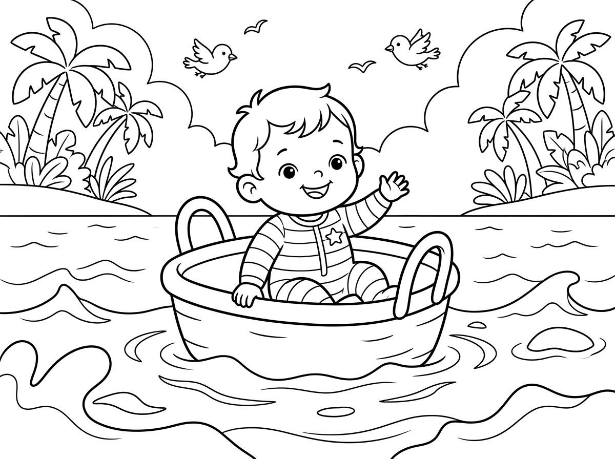 ציור של ים, ובאמצע יש תינוק מתוק בתוך תיבה
ברקע יש צמחים