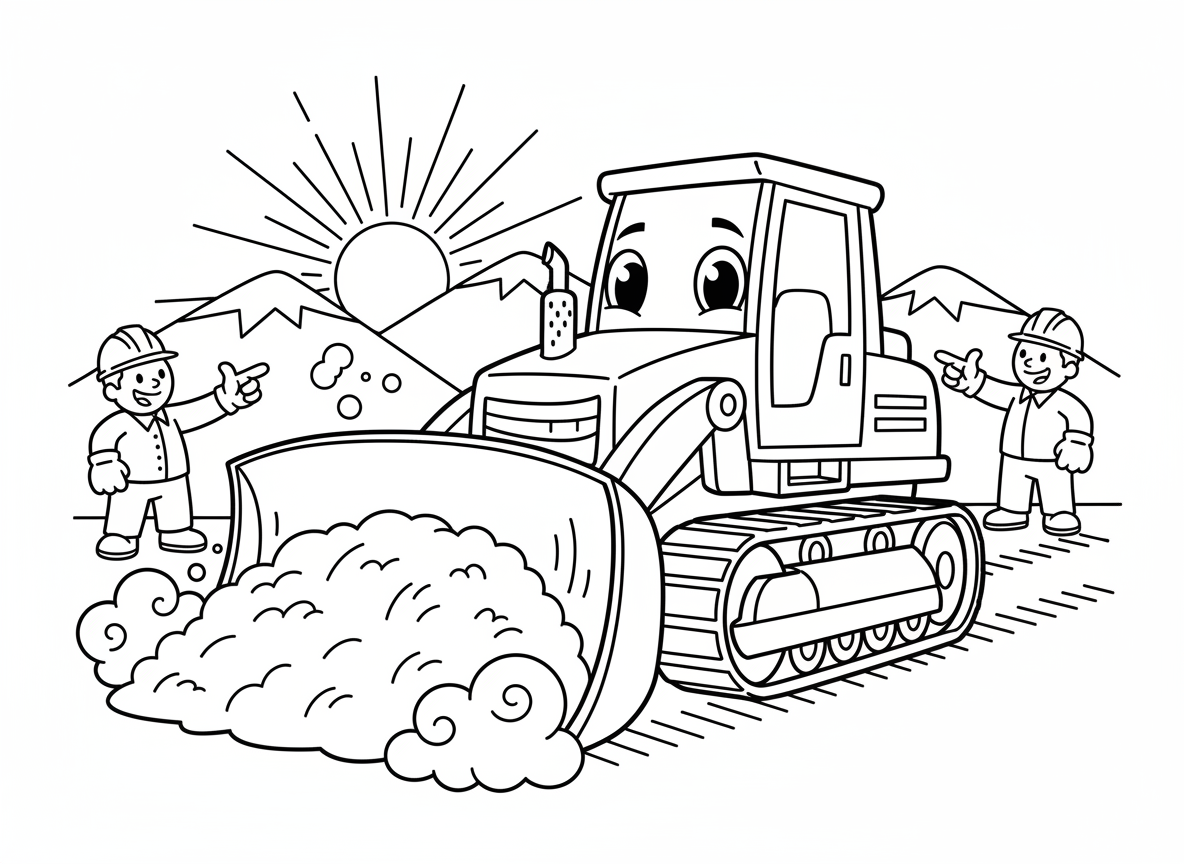 דחפור מזיז הרים - דחפור חזק עם פרצוף נחוש דוחף תל עפר עצום, להב ענק, שרשראות זחל משאירות סימנים, עננים של אבק, עובדים מכוונים, הרים ברקע, זריחה