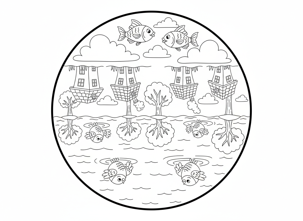 עולם הפוך
דגים עפים בשמיים, ציפורים שוחות בים, בתים עומדים על הגגות, ועצים צומחים כלפי מטה.