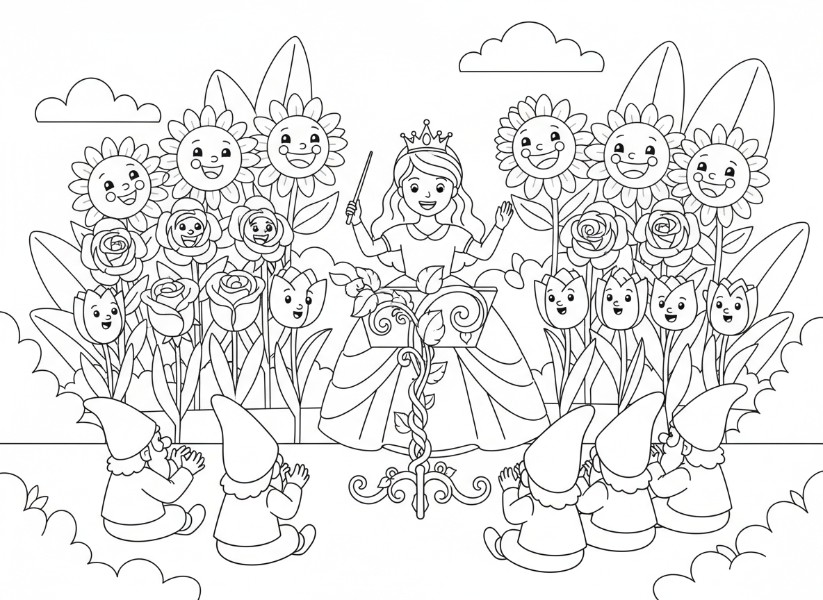 נסיכה ומקהלת הפרחים השרים - נסיכה מנצחת על מקהלת פרחים שרים בגינה, ורדים שרים סופרן, צבעונים שרים בס, חמניות כזמרות ליווי, עמוד תווים מגפנים, קהל גמדי גינה