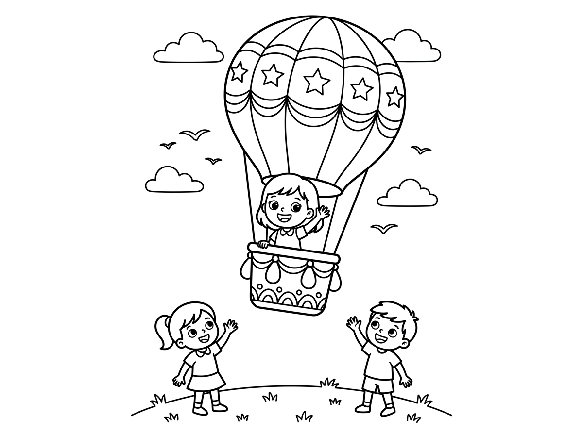 ילדה יפה בכדור פורח בשמים ליד העננים, שיהיה ברקע ציפורים
ואחים שלה עושים לה שלום מלמטה