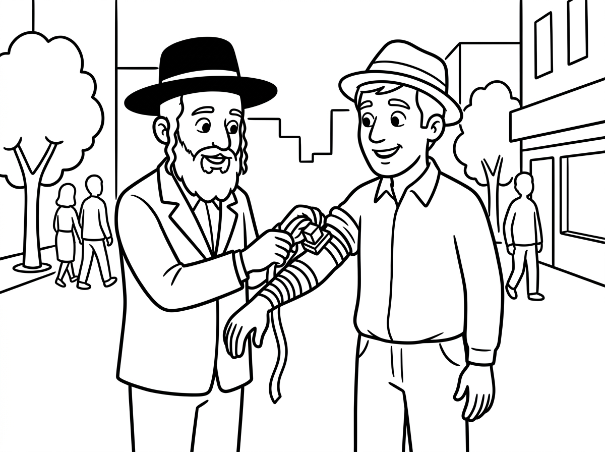 חסיד חב"ד עם כובע וחליפה, מניח תפילין לאיש ברחוב.