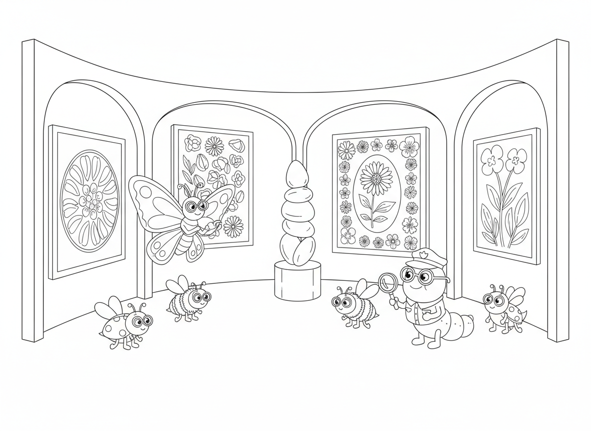 מוזיאון אמנות פרחים - מוזיאון אמנות שכל הציורים עשויים פרחים מיובשים, מסגרות פרחים, פסיפסי עלי כותרת, מבקרים הם חרקים עם משקפיים זעירות, פרפר מבקר אמנות, זחל שומר, פסלי זרעים