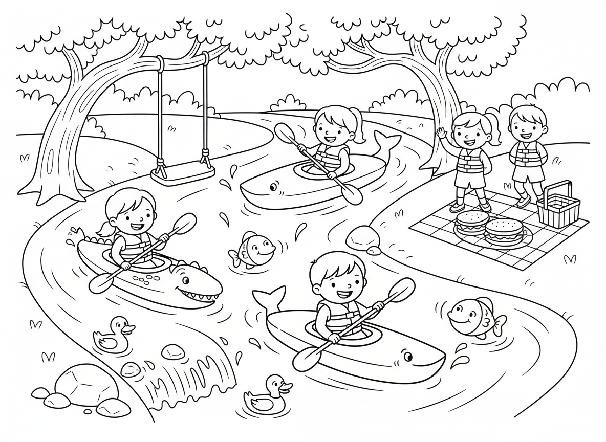 הרפתקת קיאק בנהר - ילדים בקיאקים צבעוניים חותרים בנהר כיפי, שיפולי מים קטנים ומתזים, ברווזים שוחים לצד, דגים קופצים, עצים נוטים, חבל נדנדה מעל המים, פינת פיקניק בגדה