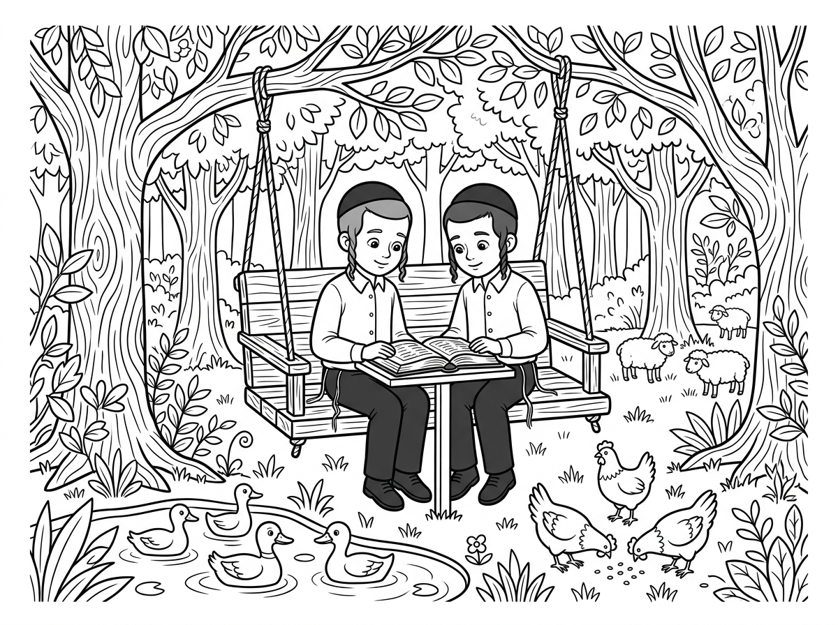 תכין לי דף צביעה עם הרבה פרטים עדינים מתאים לרמת קושי גבוה ילד חסידי לומד גמרא עם חבר על נדנדה ביער ולידם ברווזים קטנים וחמודים וגם תרנגולים וכבשים