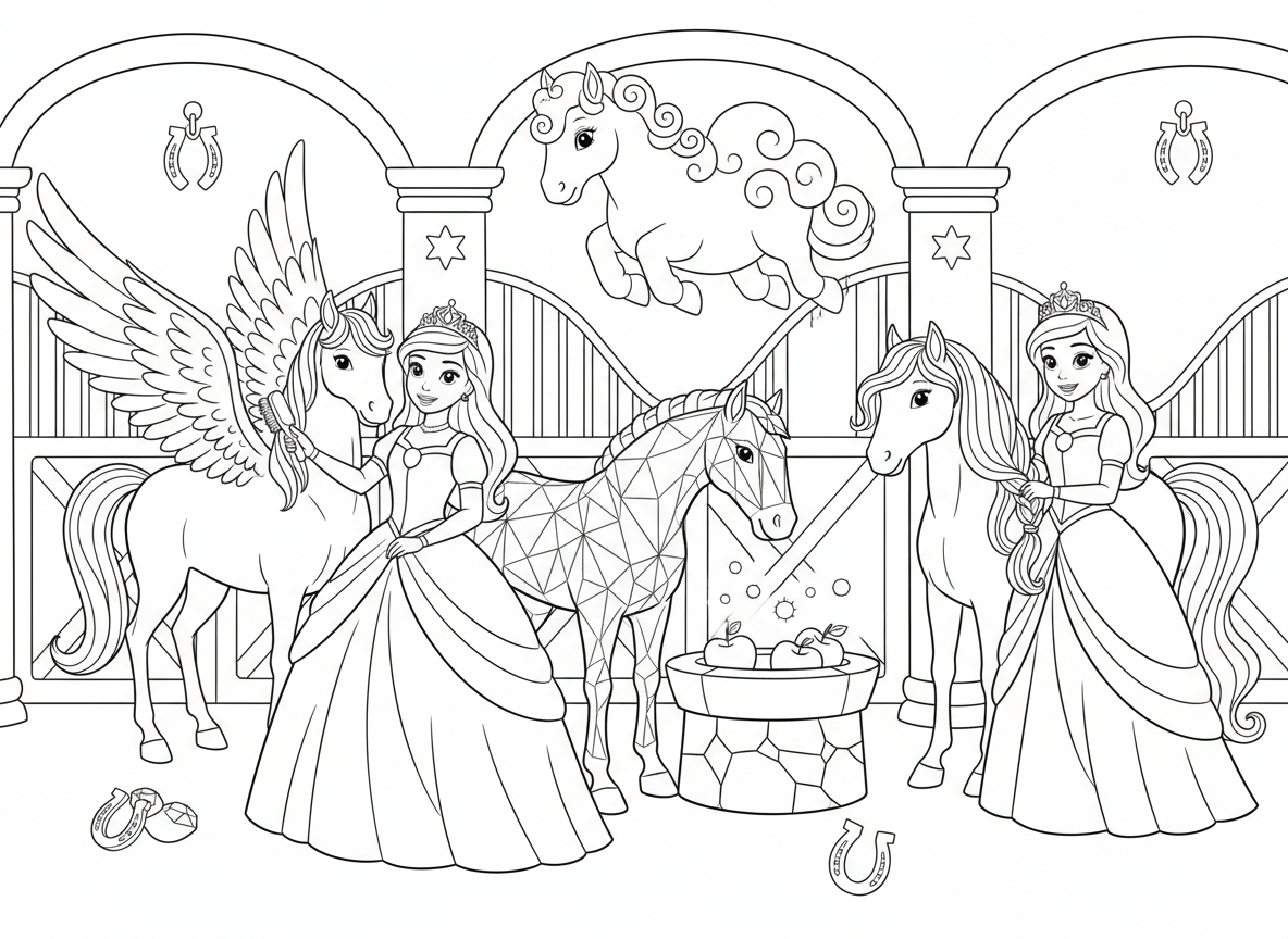 נסיכה ואורוות הסוסים הקסומה - נסיכה מטפלת בסוסים קסומים באורוות מלכותית, סוס מכונף מסורק, סוס קריסטל אוכל תפוחי אבני חן, סוס רעמת קשת נקלע, סוס ענן מרחף מעל הדיר, פרסות כוכבים