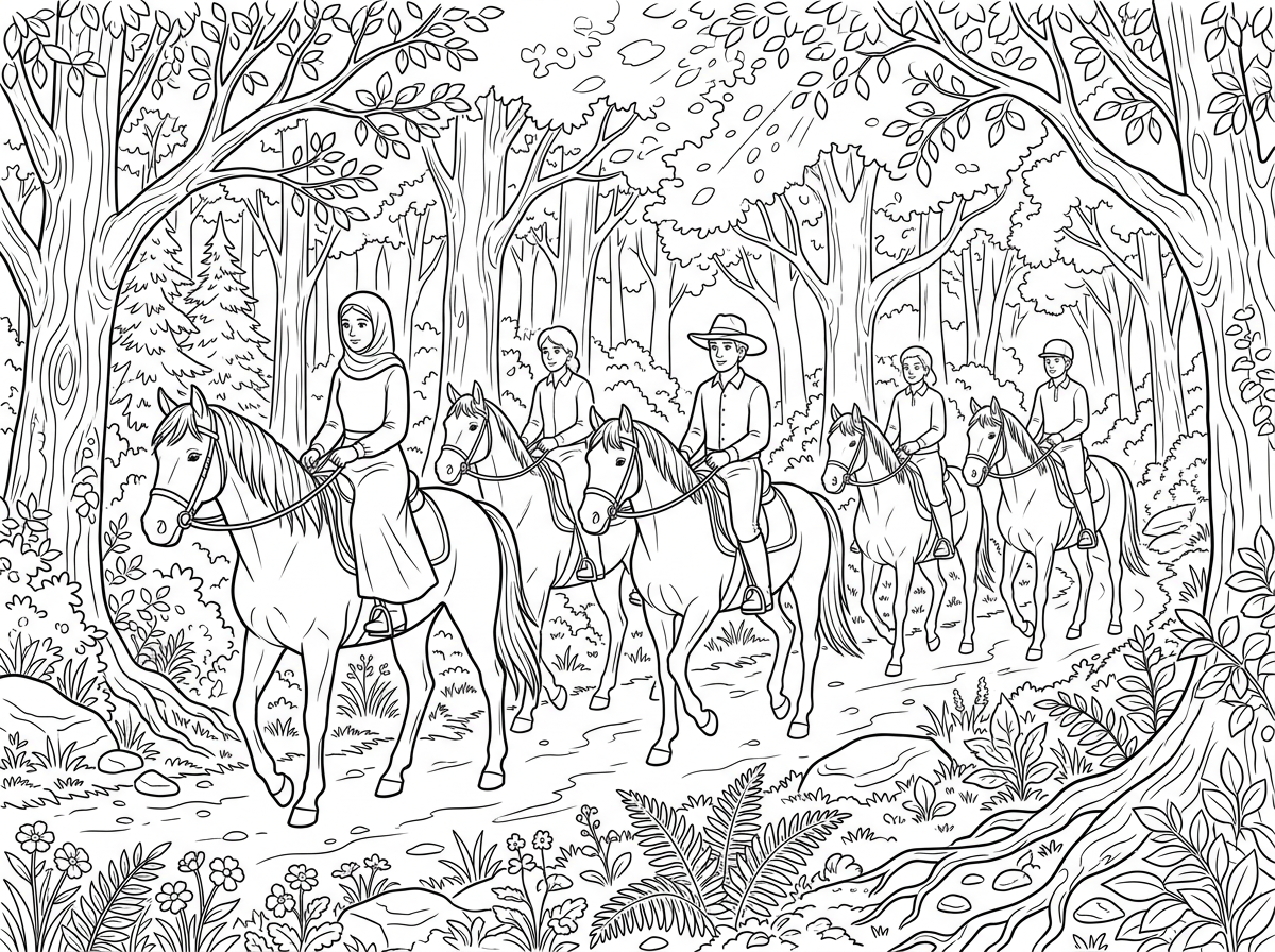 דף צביעה עם הרבה פרטים ברמת קושי קשה של אנשים צנועים רוכבים על סוסים ביער