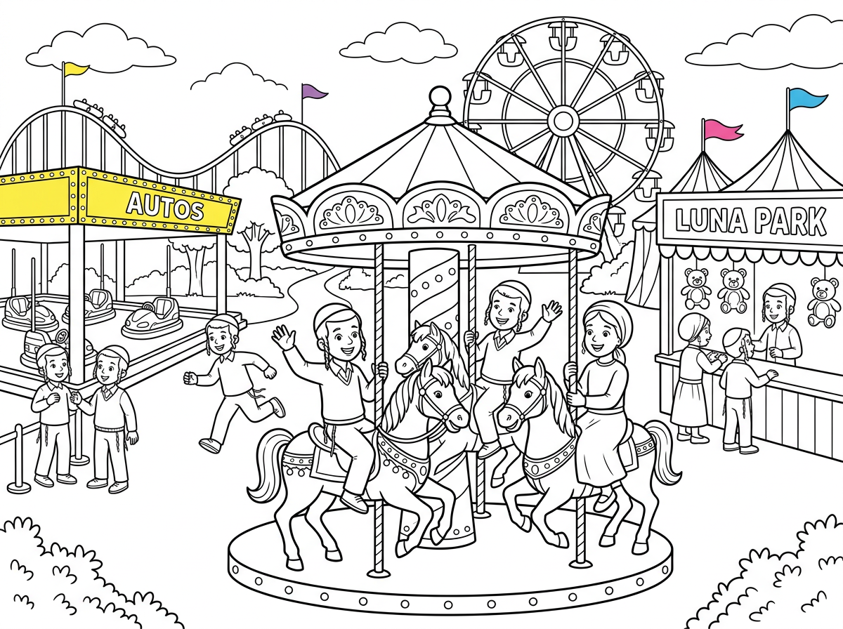 תכין לי דף צביעה של ילדים חרדים משחקים בלונה פארק עם הרבה פרטים
