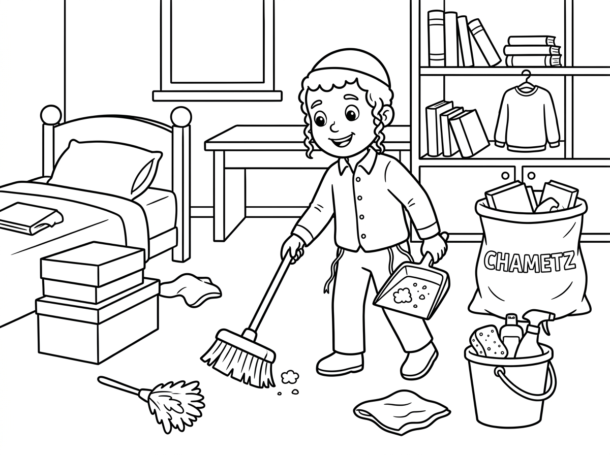 ילד חבדניק מנקה את החדר שלו לפסח