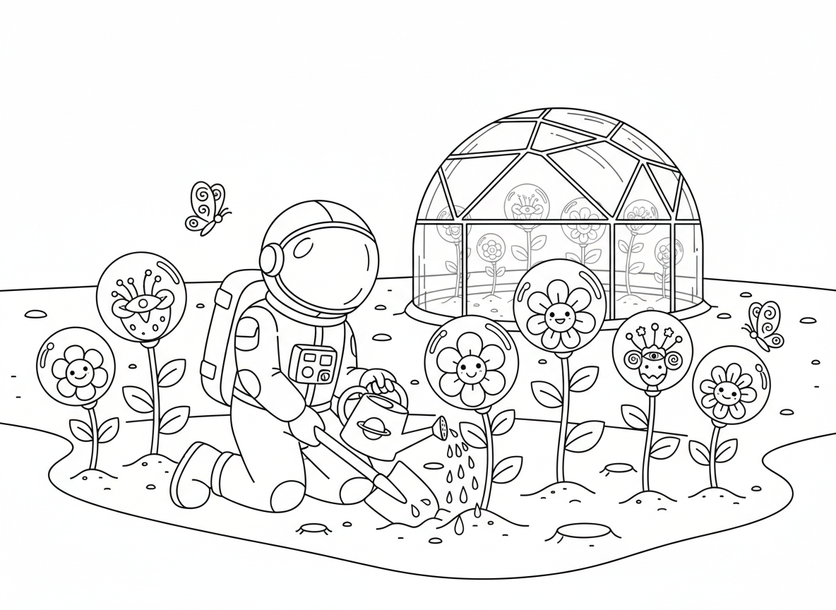 גן פרחים חלליים על מאדים - אסטרונאוט שותל פרחים באדמה האדומה של מאדים, פרחים בקסדות חלל, פרחי חייזרים פוגשים פרחי כדור הארץ, כיפת חממה על מאדים, השקייה במים חלליים, פרפרי מאדים