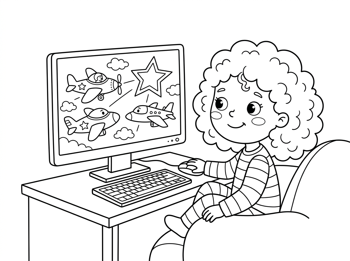 ילדה מתולתלת לבושה בפיגמה שרואה סרט  במחשב של מטוסי העל