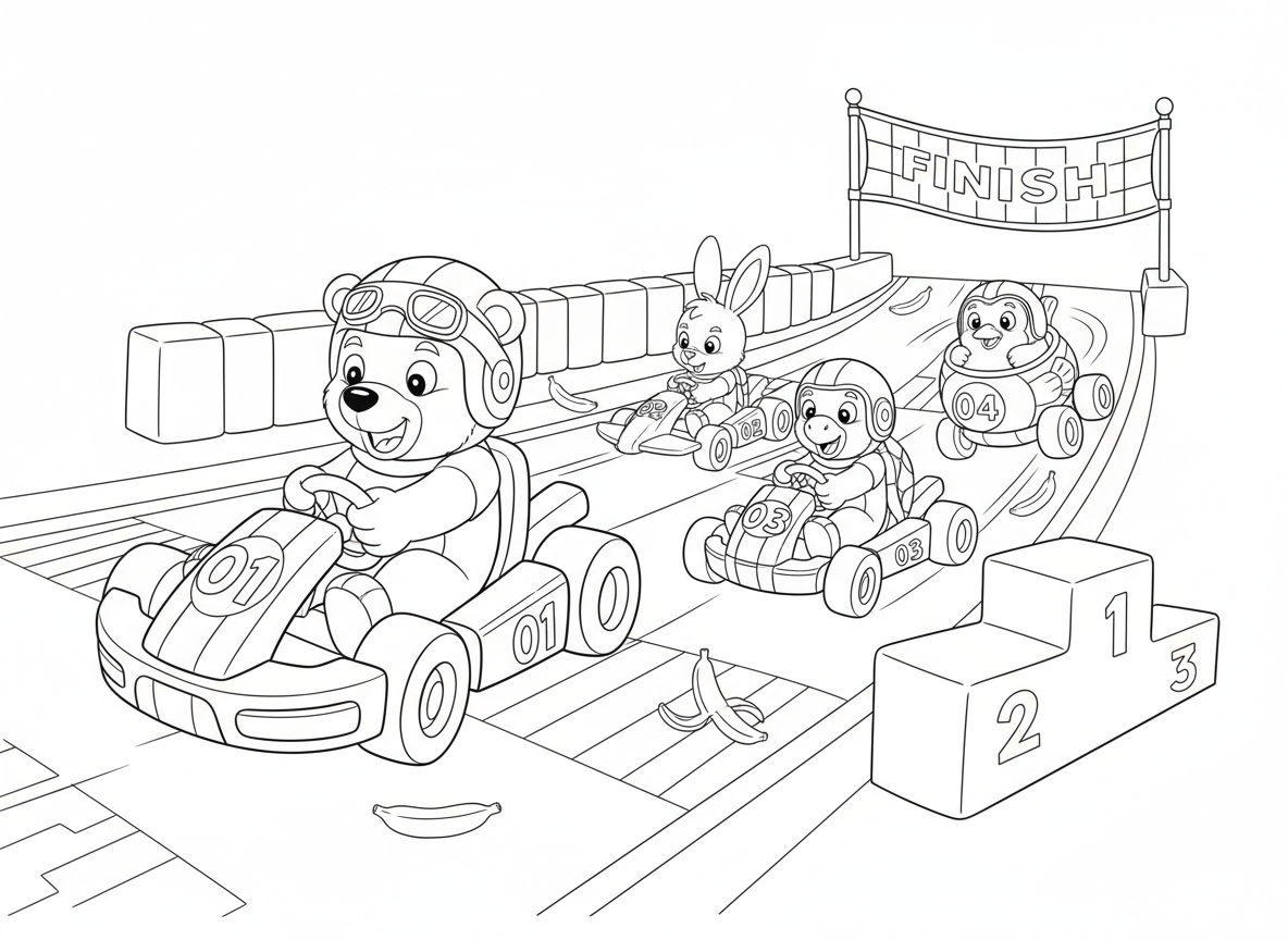 מירוץ קארטינג עם נהגי חיות - חיות מתחרות בקארטינג על מסלול צבעוני, דוב במקום ראשון, ארנב קרוב מאחור, צב מהיר באופן מפתיע, פינגווין מסתחרר, קו סיום מלפנים, מכשולי קליפת בננה, פודיום גביעים