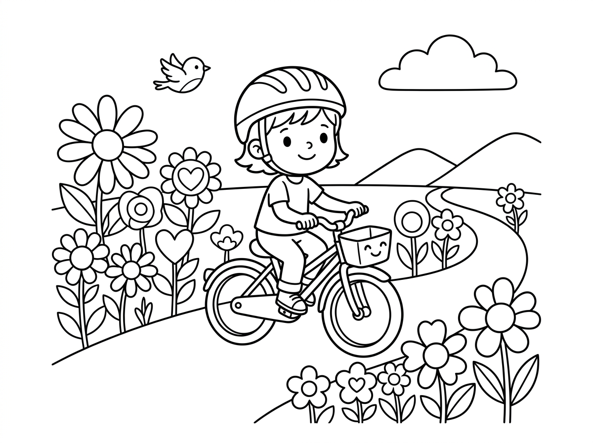 אני רוצה ציור של ילד נוסע על אופניים ולידו הרבה פרחים