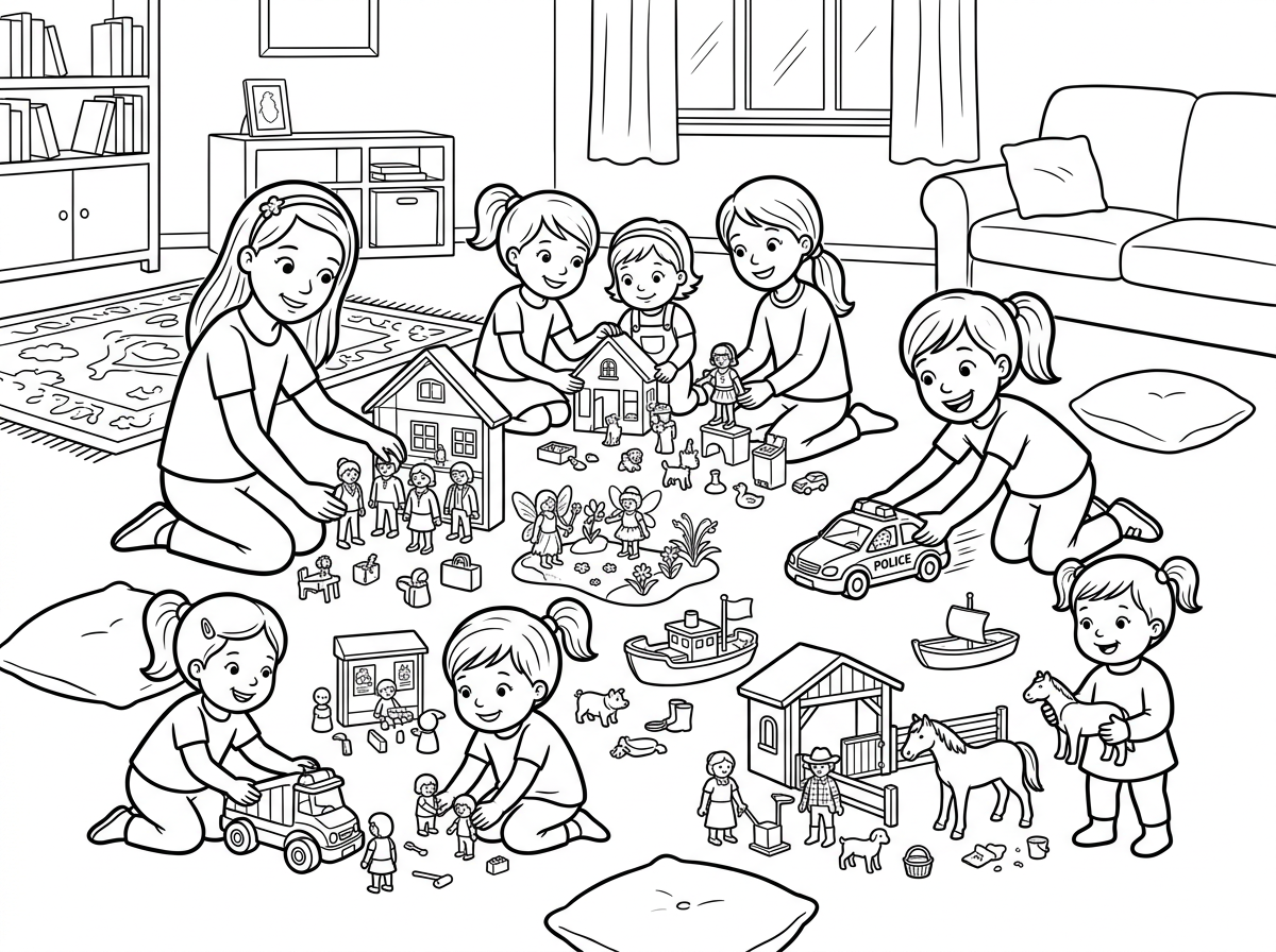 אני רוצה תמונה של 8 בנות משחקות בפלוימוביל בסלון בבית על הריצפה 
גילאים 1 עד 12