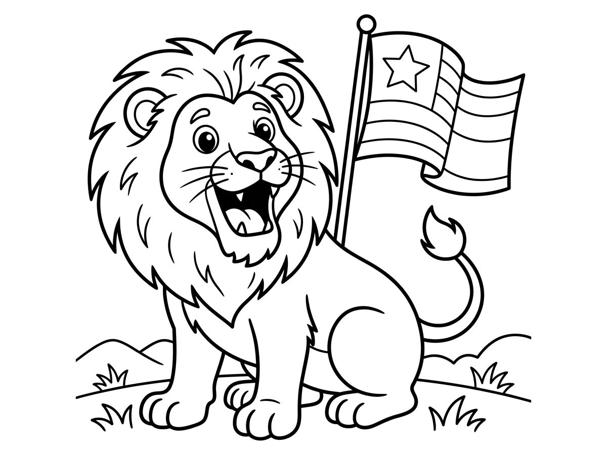 צור לי דף צביעה של אריה שואג עם דגל ברקע