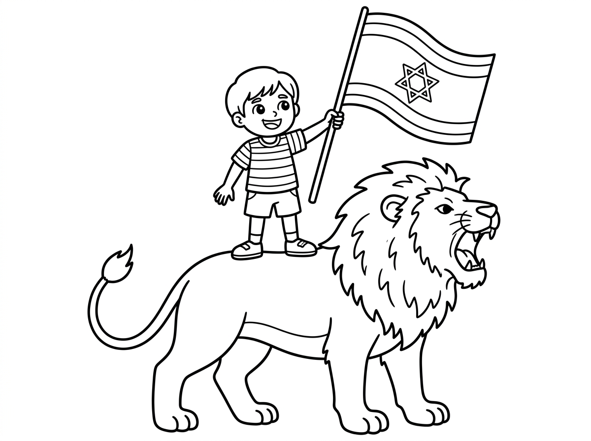 דף צביעה שלילד עומד על אריה שואג
ובישו דגל ישראל