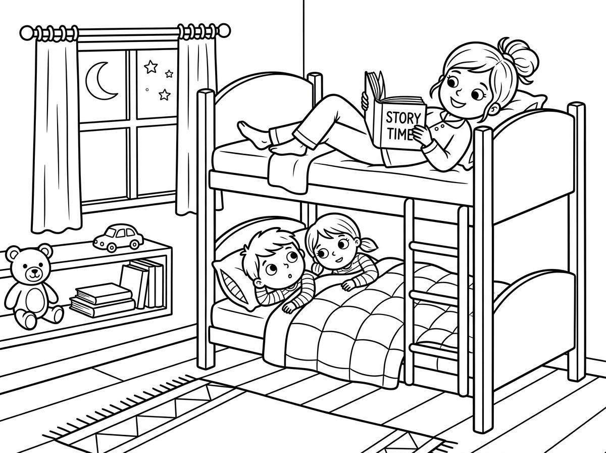 תצייר לי חדר ילדים ,ילדה גדולה שוכבת במיטה וקוראת ספר ובמיטות ליד יושנים עוד שני ילדים שמציצים בספר שלה