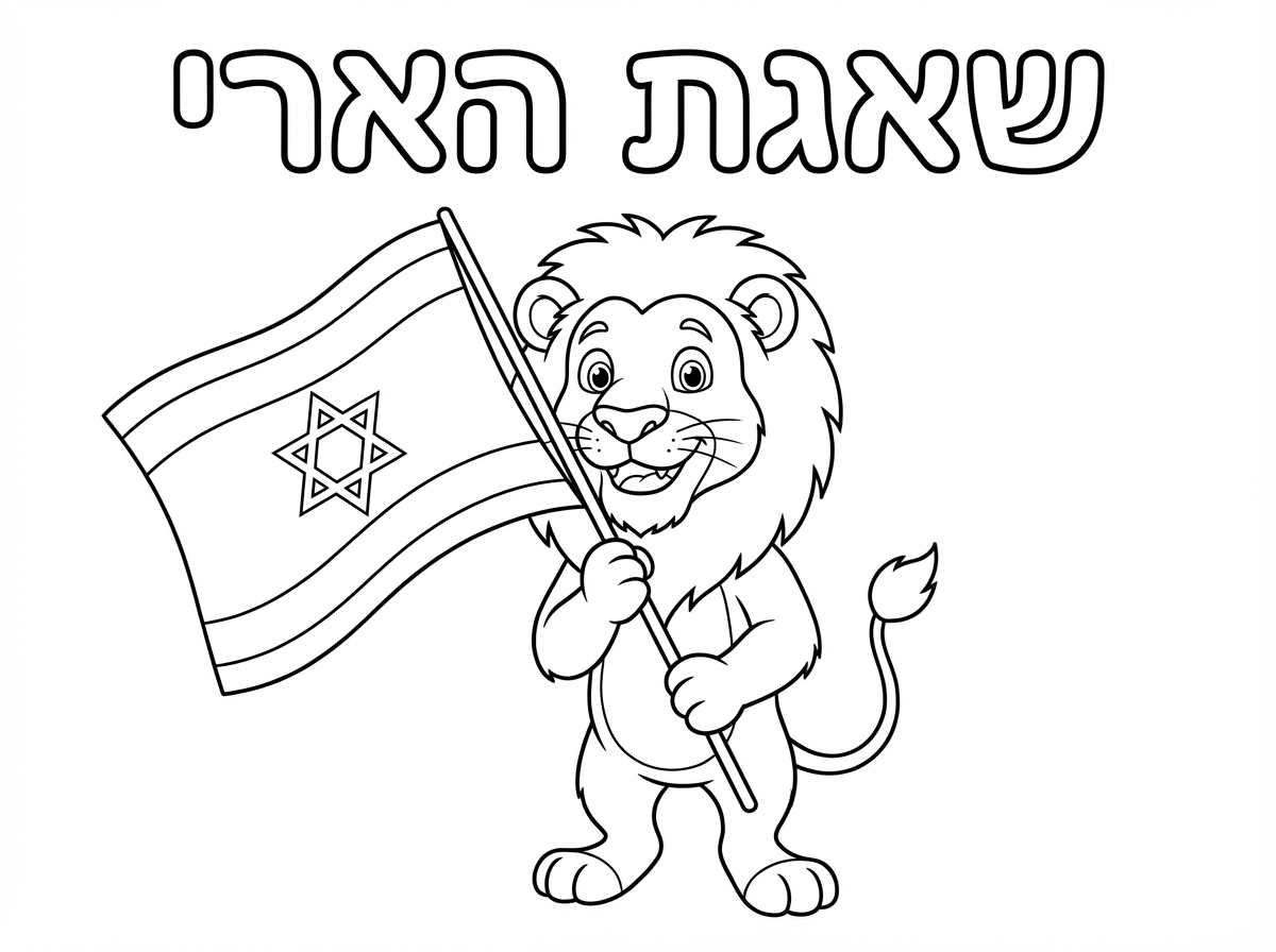 אתה יכול לעשות לי דף ציור של אריה חמוד עם דגל ישראל 
וכתוב שאגת הארי באותיות שאפשר לצבוע?