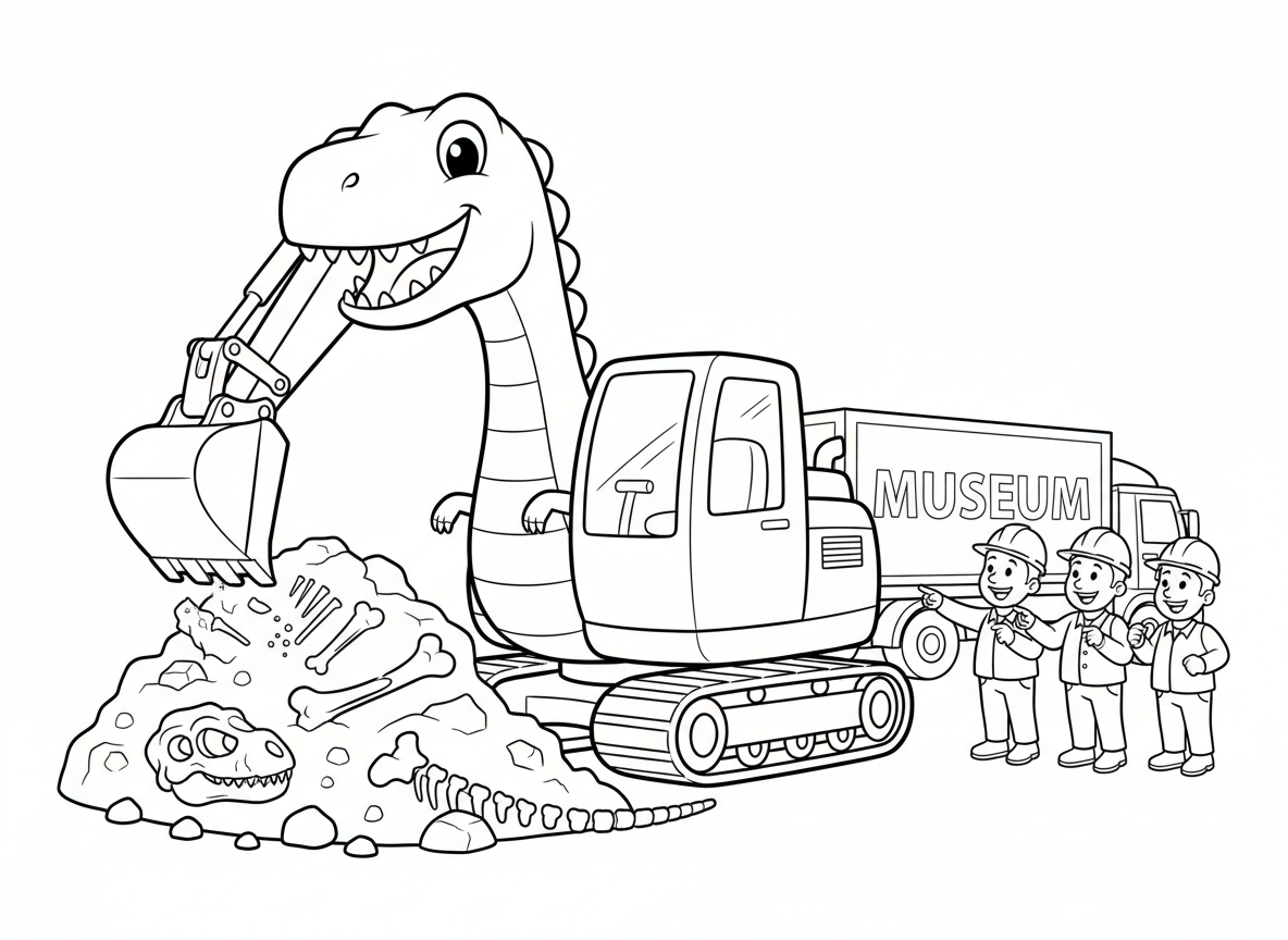 חפרן דינוזאור - חפרן שנראה כמו דינוזאור, דלי כפה, זרוע כצוואר, תא כגוף, שרשראות כרגליים, חופר מאובני דינוזאורים אמיתיים, פועלי בניין נדהמים, משאית מוזיאון ממתינה