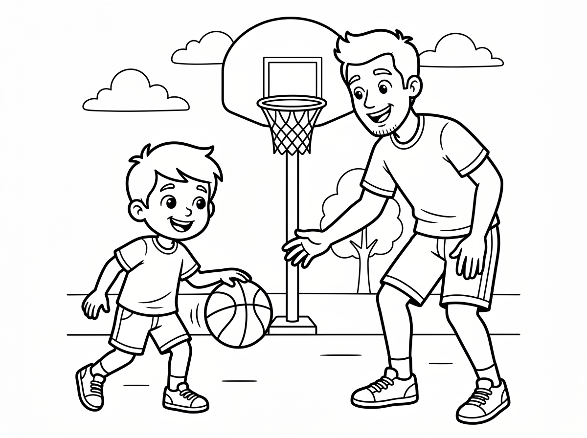 תכין לי ציור של ילד בן שמשחק עם אבא כדורסל