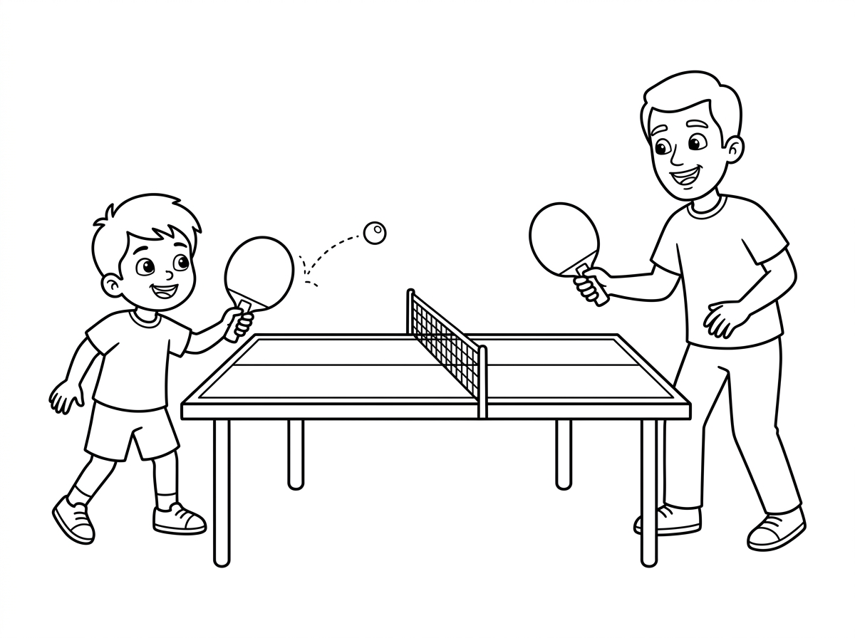 תצייר לי ילד בן שמשחק עם אבא פינג פונג