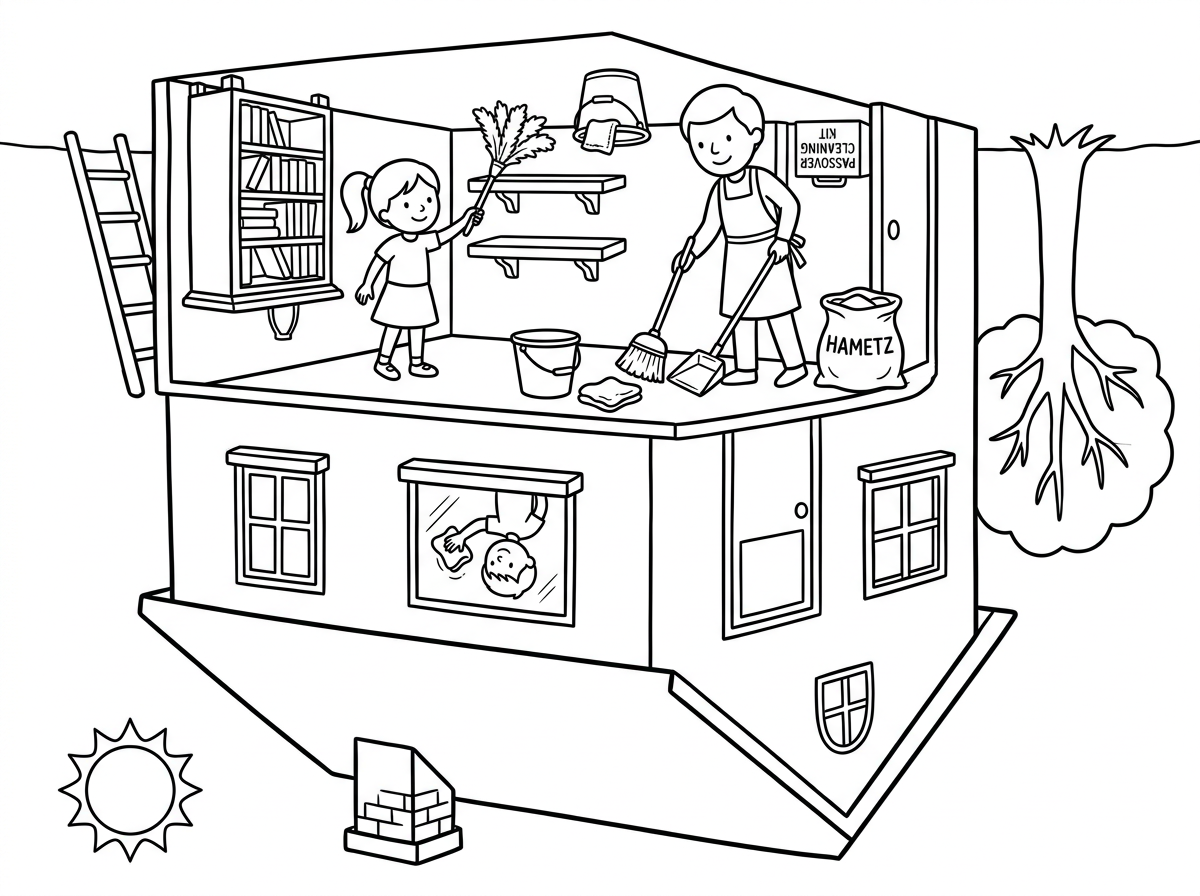 צייר לי בית הפוך עם ניקיונות לפסח וכל הילדים מנקים