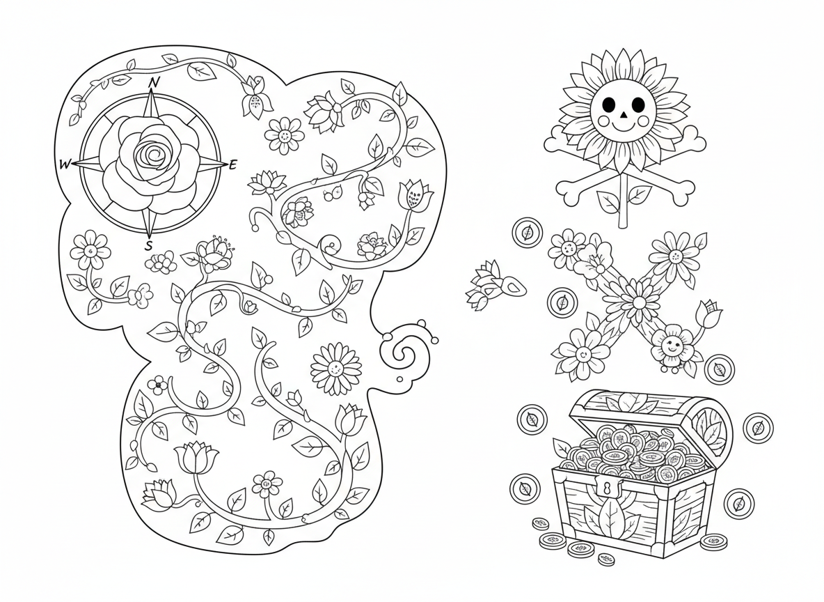 מפת אוצר פיראטים מפרחים - מפת אוצר מצוירת עם פרחים, מצפן ורדים, קווי שביל גפנים, X מפרחים מסמן את המקום, מטבעות זרעים מפוזרים, תיבת אוצר עלי כותרת, גולגולת חמנייה, צורת אי גינה