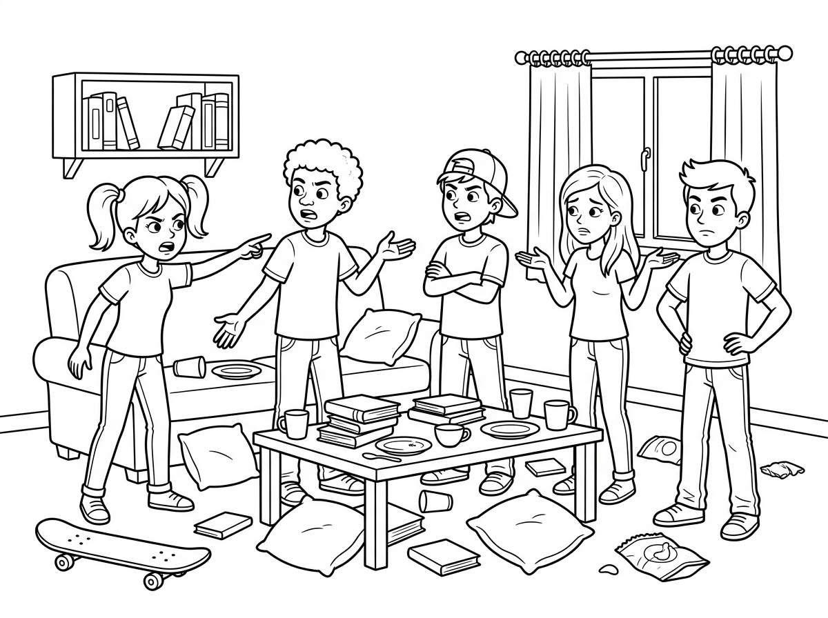 צייר לי 5 מתבגרות ומתבגרים רבות בסלון מי תנקה את הבלגן