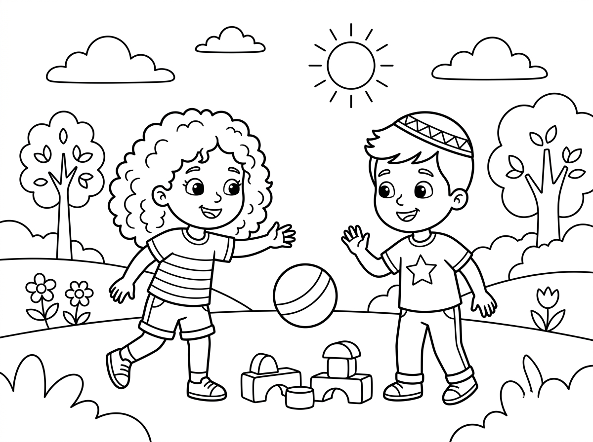 תוכל להכין לי דף צביעה לילדים של ילדה עם תלתלים משחקת עם ילד עם כיפה