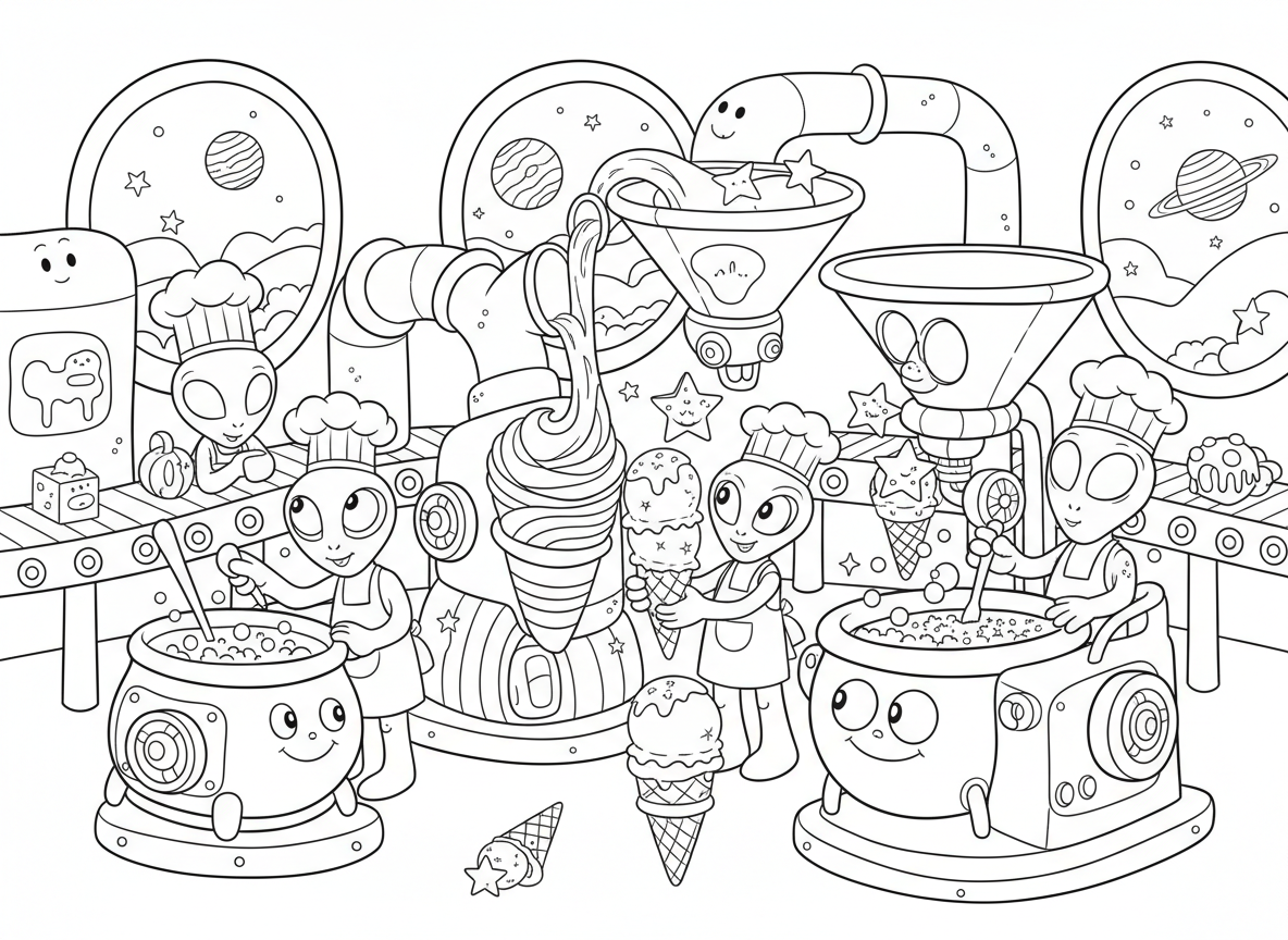 מפעל גלידה של חייזרים
חייזרים מכינים גלידות בטעמים מוזרים כמו קשת בענן, כוכבים ונצנצים, עם מכונות ענק ומצחיקות.