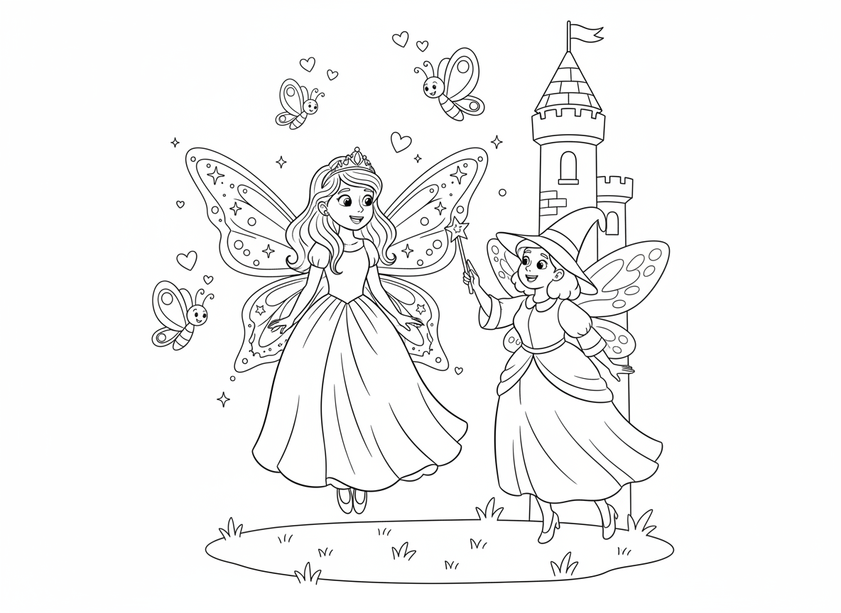 נסיכה מגדלת כנפיים ולומדת לעוף - נסיכה מצמיחה כנפיים נוצצות יפהפיות בפעם הראשונה, נראית נדהמת, מרחפת מעט מעל הקרקע, פייה סבתא מלמדת אותה, חברות פרפרים מעודדות, מגדל טירה לעוף סביבו