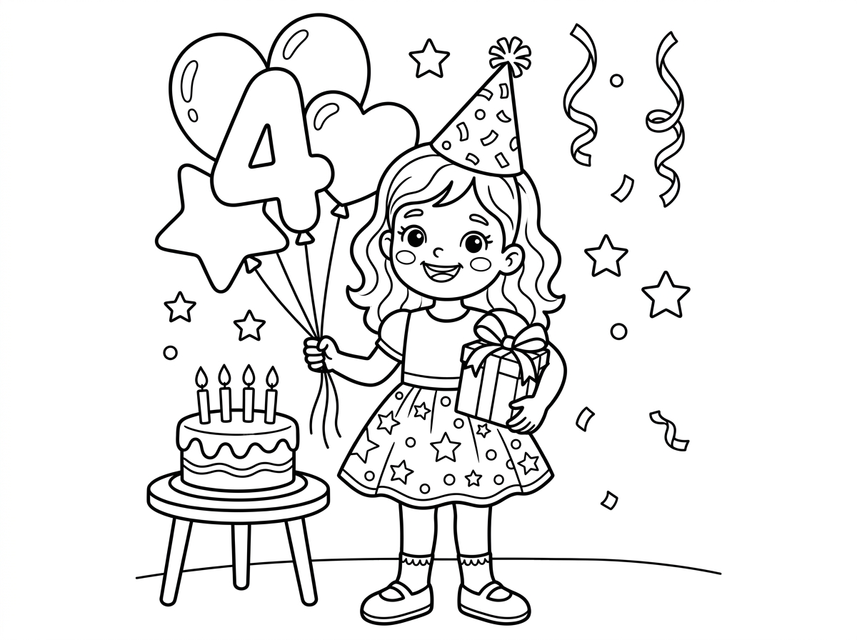 אני רוצה דף צביעה שאני ידעתי יום הולדת חגיגי. דף צביעה של ילדת יום הולדת חגיגית בגיל 4.
