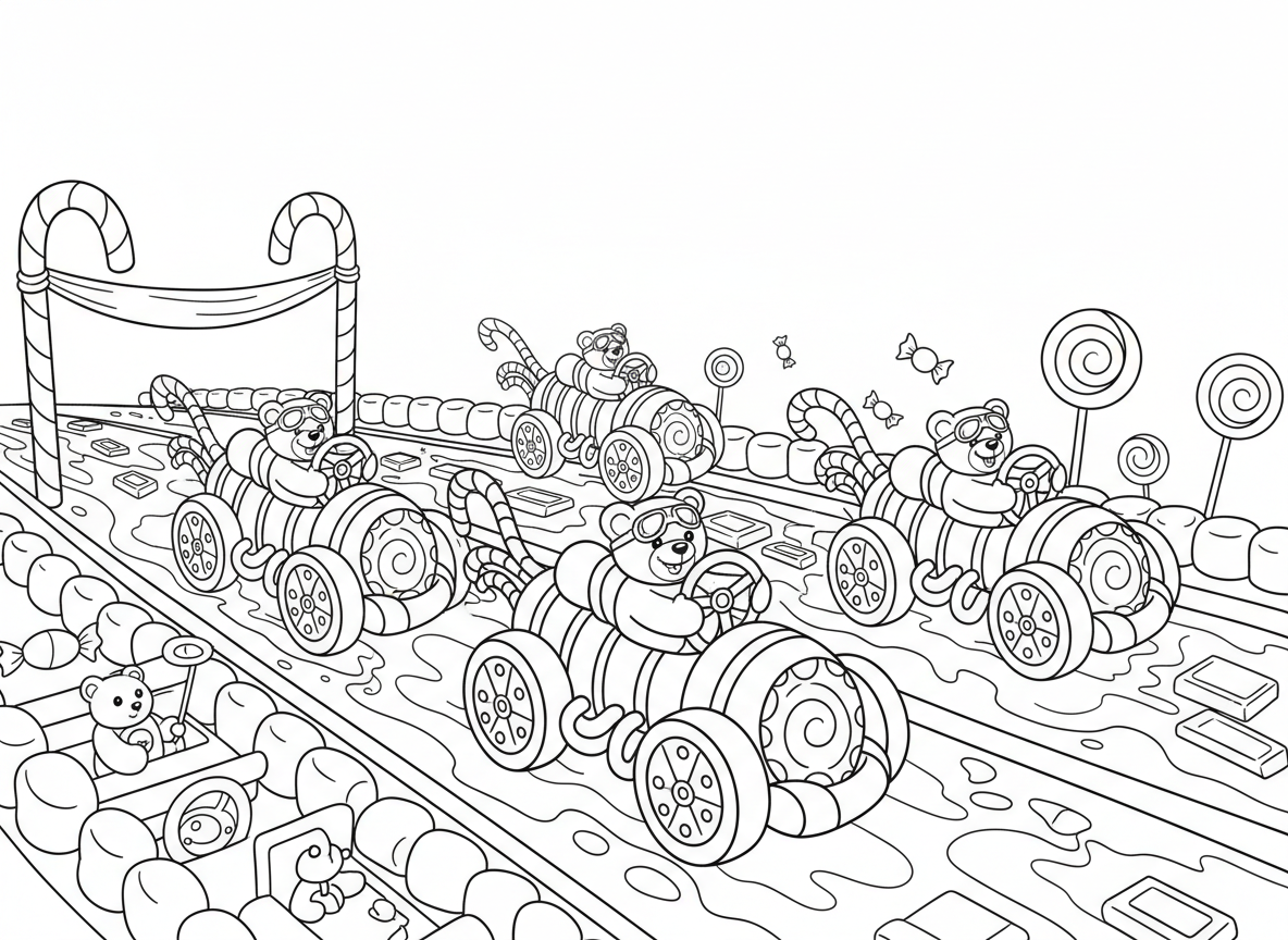 מירוץ מכוניות ממתקים - מכוניות מירוצים עשויות ממתקים דוהרות על כביש שוקולד, הגאים של סוכריות על מקל, צמיגי עוגיות, נהגי סוכריות גומי, מפלטי ליקריץ, עצירות פיט מרשמלו, קו סיום מקני ממתקים