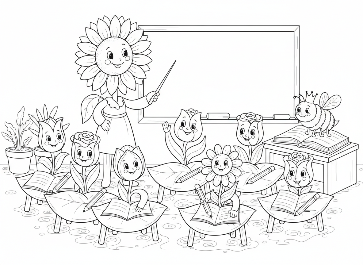 כיתת בית ספר לפרחים - כיתה שתלמידי פרחים לומדים לפרוח, חמנייה מורה ליד הלוח, תלמידי צבעוני בשולחנות עלי כותרת, חיננית מרימה יד, ורד עושה שיעורי בית, עפרונות זרעים, מחברות עלים, דבורה מנהלת