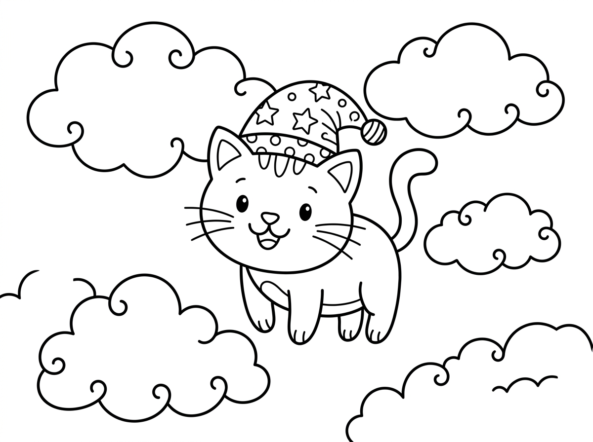 תוכל לעשות לי ציור של חתול עם כובע מרחף בעננים