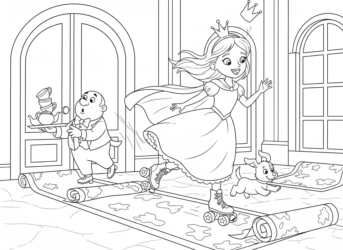 נסיכה על רולרבליידס במסדרון הארמון - נסיכה על גלגיליות נוצצות במסדרון הארמון הארוך, גלימה מתנופפת מאחור, משרת מופתע מפיל מגש, כתר כמעט נופל, גור רודף אחריה, שטיח מגולגל