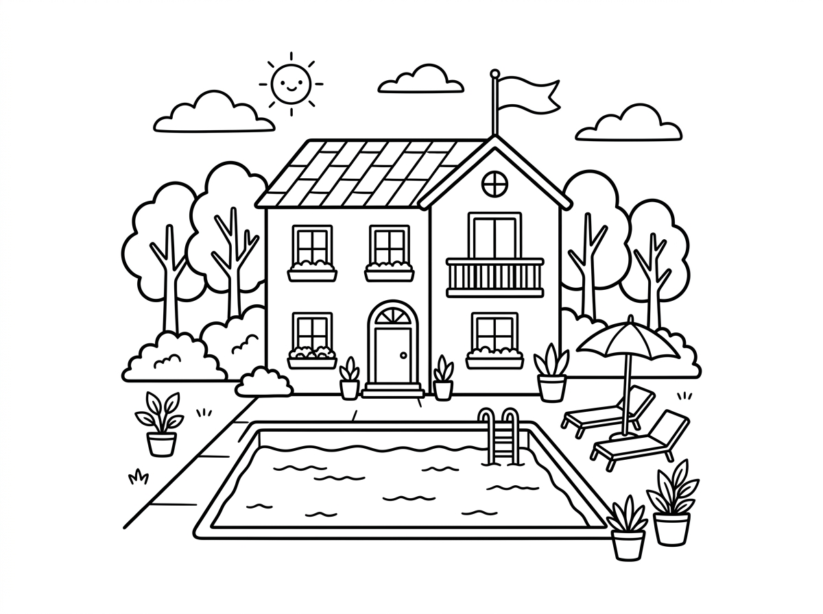 אתה יכול לעשות לי ציור של תמונה של וילה יפה מאוד עם בריכה.