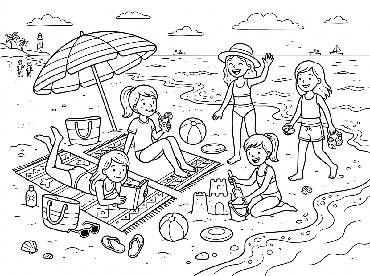 צור לי דף צביעה למשהי בת 15 אבל לא של מנדלה אלנ פשוט עם הרבה פרטים 
תצייר חבורת נערות בחוף ים