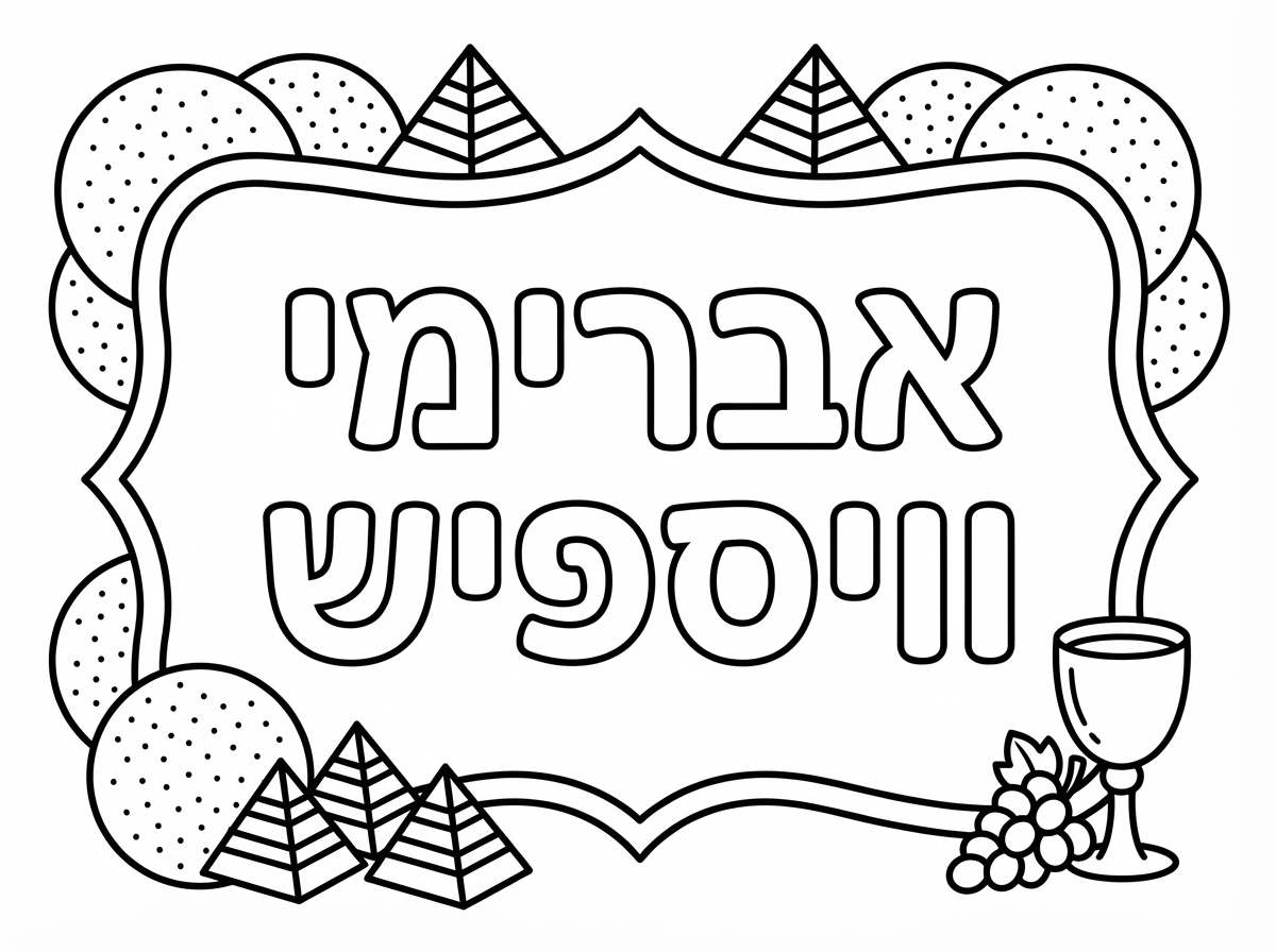 שלט עם שם אברימי וויספיש 
עם מצות עגולות פרמידות וגביע יין