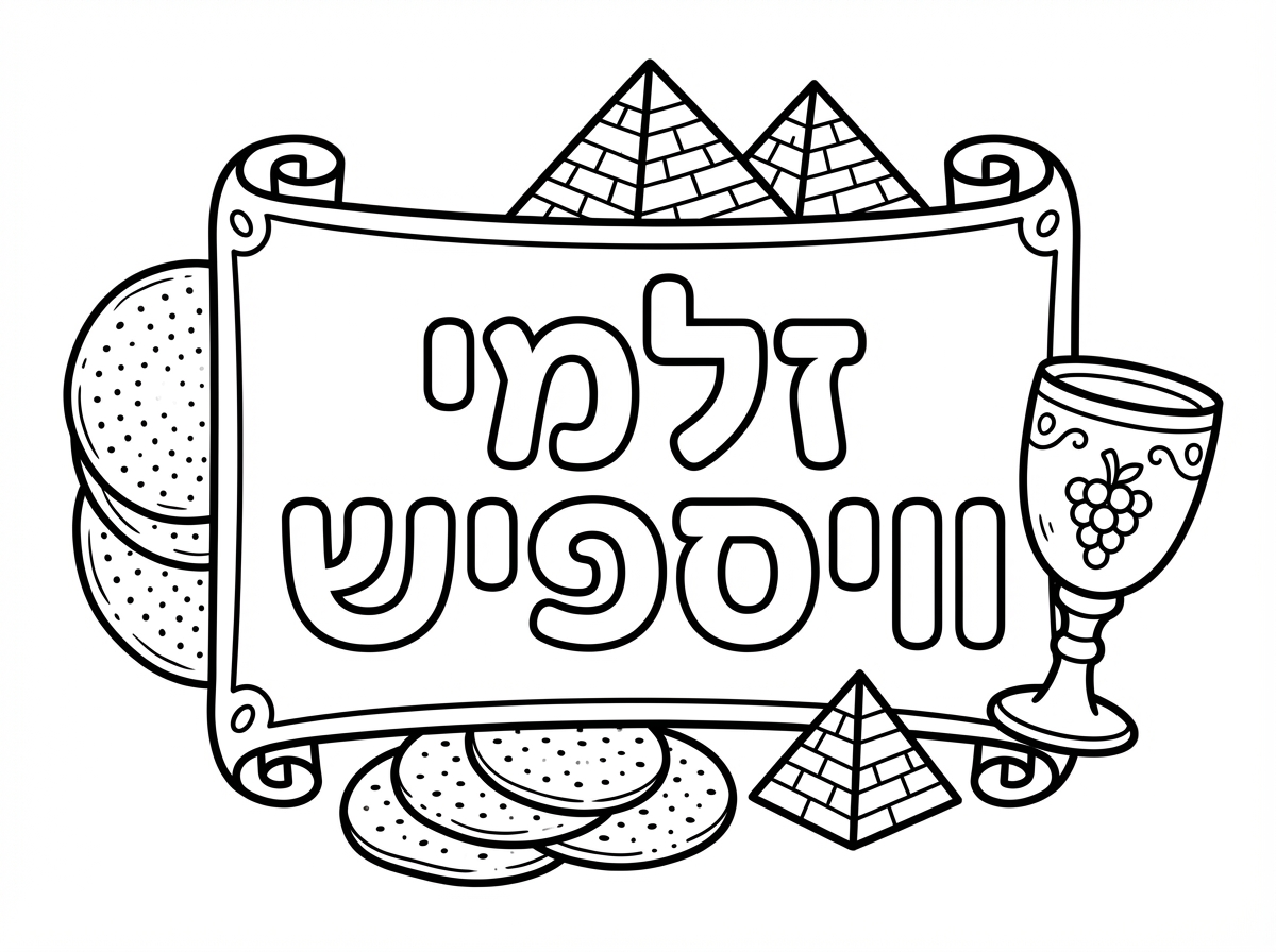 שלט עם שם זלמי וויספיש 
עם מצות עגולות פרמידות וגביע יין