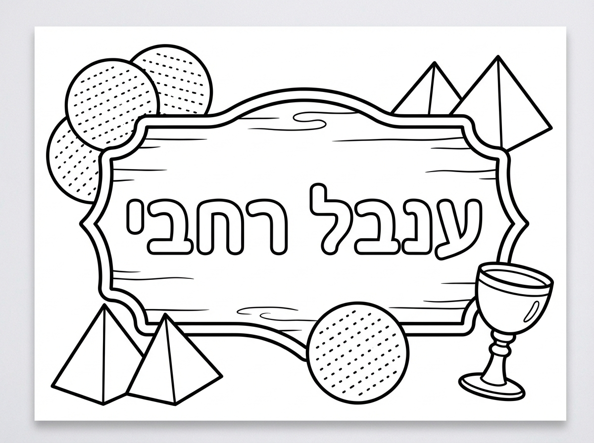 שלט עם שם ענבל רחבי
עם מצות עגולות פרמידות וגביע יין