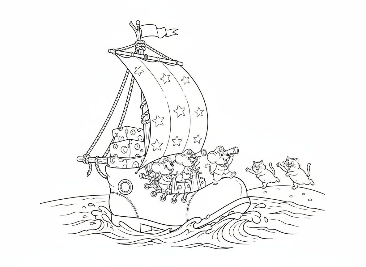 סירה עשויה מנעל ענקית - סירה מנעל ענקית שטה בים, שרוכים כציוד מפרשים, לשונית כסיפון, סוליה כגוף, צוות עכברים, מטען גבינה, חתולים רודפים מהחוף, גלים מתנפצים