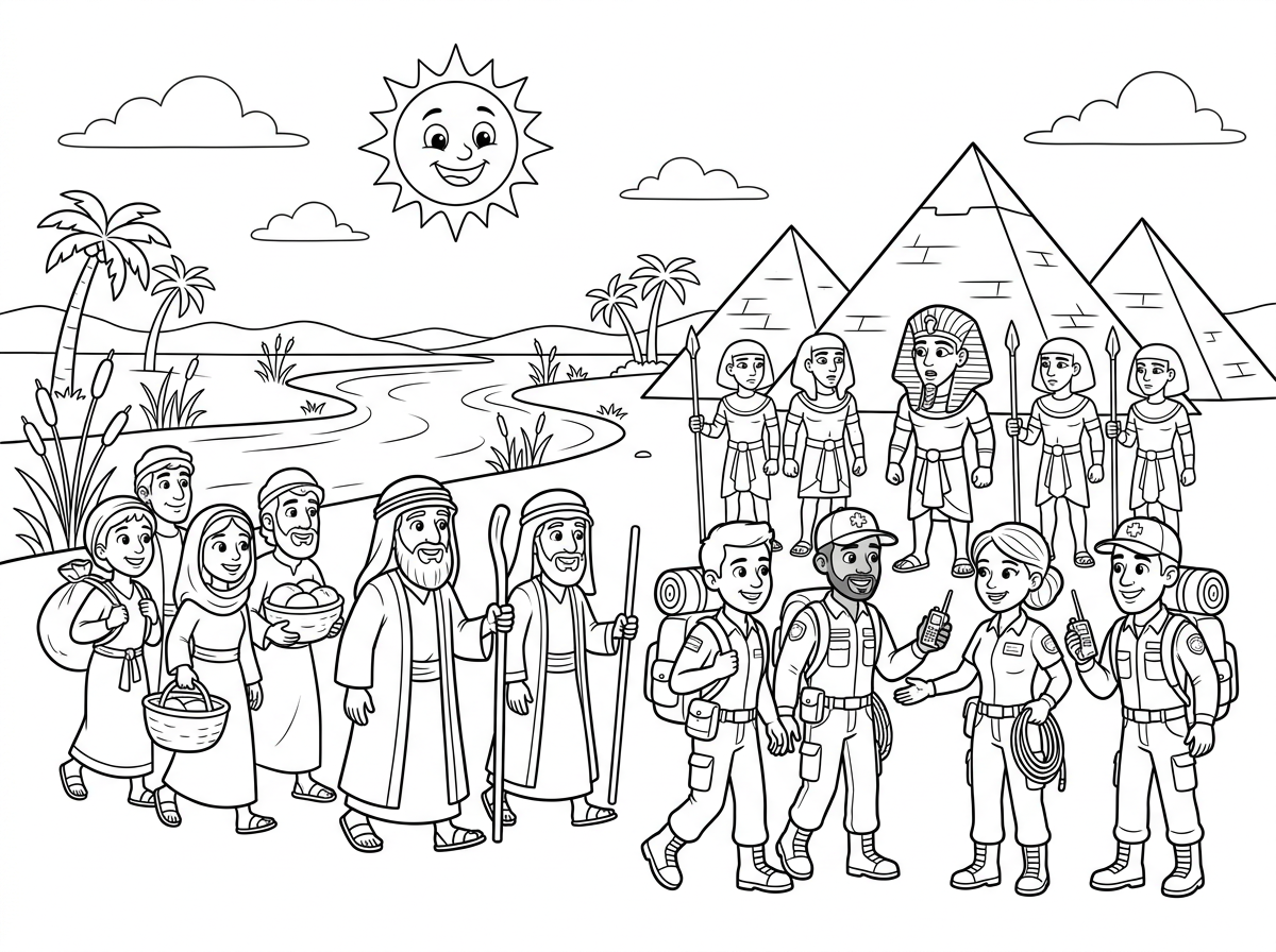 תצייר  דמויות של אנשים יוצאים ממצרים, פרעה והמשרתים ותוסיף גם דמויות מיחידת החילוץ בסגנון מצויר של פיקסאר שיהיה מסביב פרמידות, נהר הנילוס שמיים ושמש בקווים פשוטים לילדים קטנים