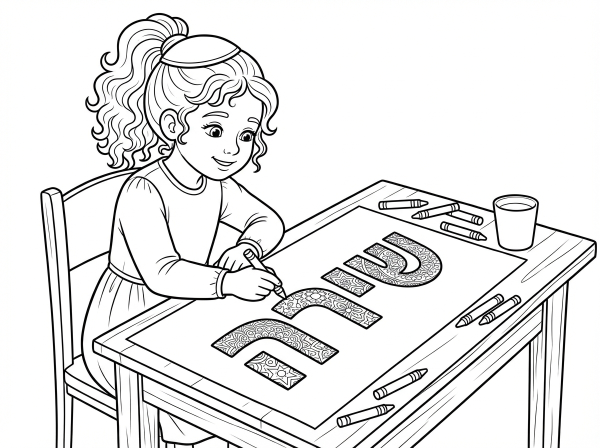 תיצור לי ציור של ילדה חרדית בגיל 5 עם שיער מתולתל אסוף לקוקו שקר שיושבת וצובעת דף של השם "שירה" עשוי ממנדלות