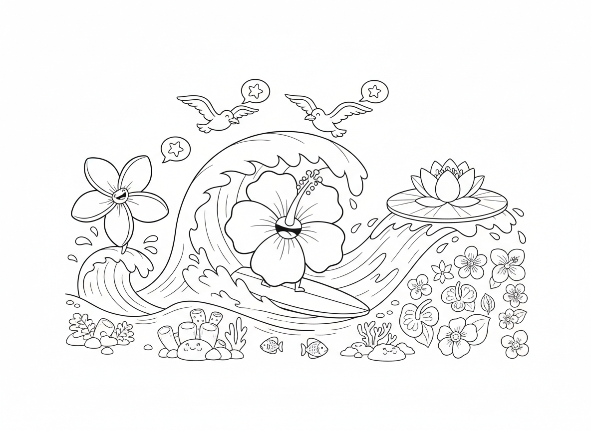 פרחים גולשים על גלי ים - פרחים גולשים על גלי אוקיינוס, היביסקוס על גלשן, פלומריה עושה טריקים, שושנת מים צפה וגולשת באופן טבעי, שחפים מעודדים, שונית אלמוגים למטה, חוף פרחים טרופי