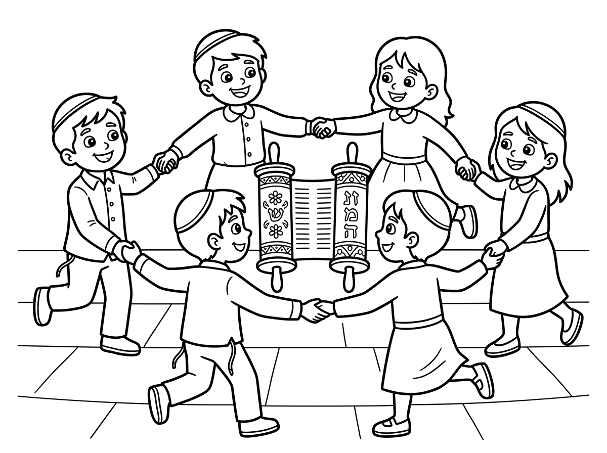 תיצור לי דף צביעה לשמחת תורה, עם ספר תורה וילדים דתיים רוקדים במעגל