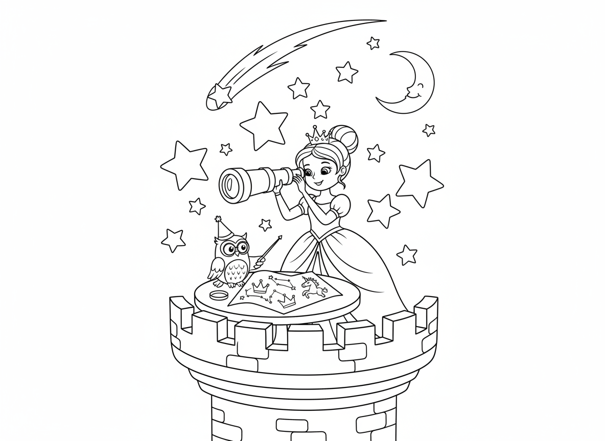 נסיכה אסטרונומית ממפה כוכבים - נסיכה על מרפסת מגדל עם טלסקופ זהב ממפה קבוצות כוכבים, מפת כוכבים פרוסה על שולחן, קבוצות כוכבים בצורת כתרים וחד קרנים, כוכב נופל, ינשוף עוזר אסטרונומיה, ליל ירח